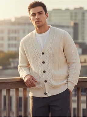 Gap Fisherman Chunky Knit Cardigan Cream 100% Cotton Grandpacore Men’s - Size M